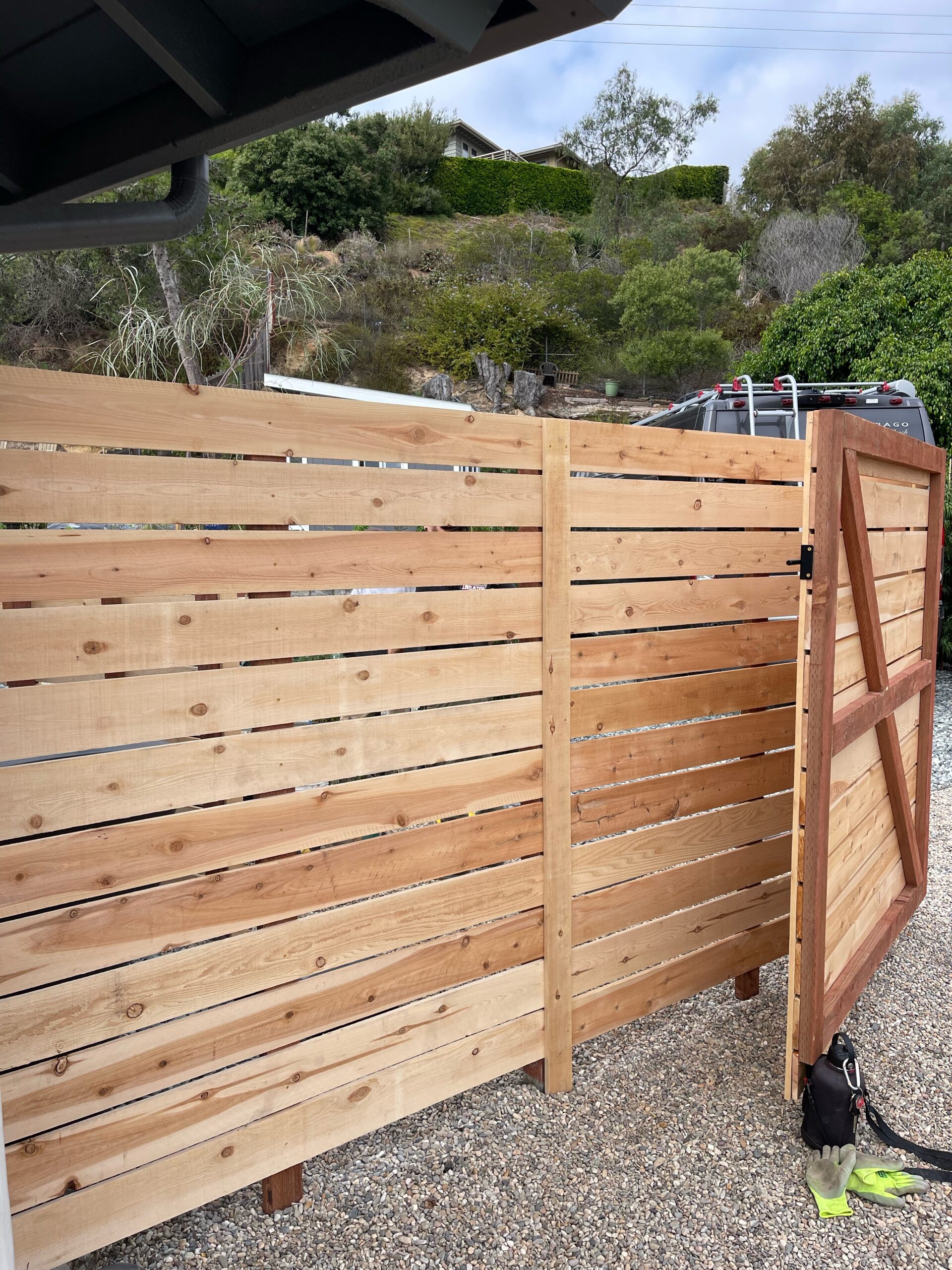 6_ Tall Horizontal wooden fence with wooden posts and gate