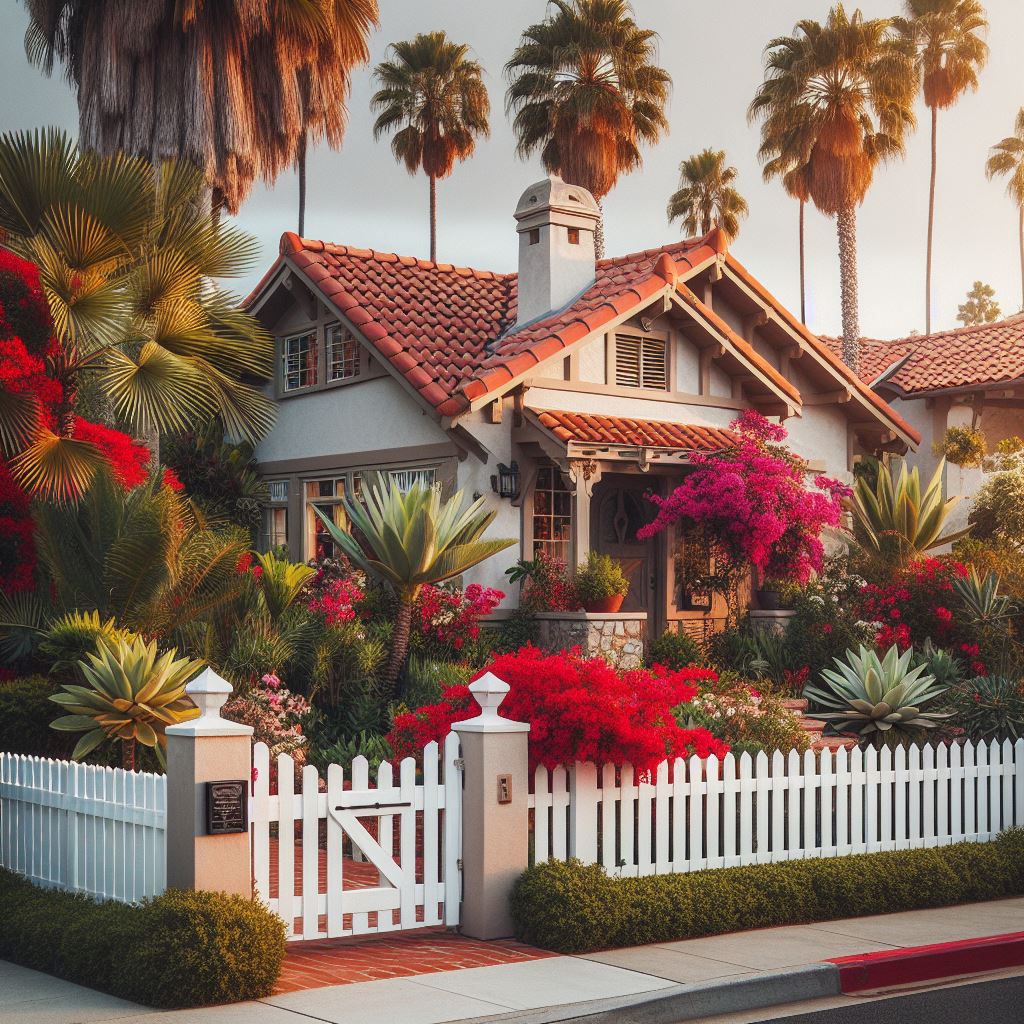 Classic san Diego old town home with vinyl front yard fence.