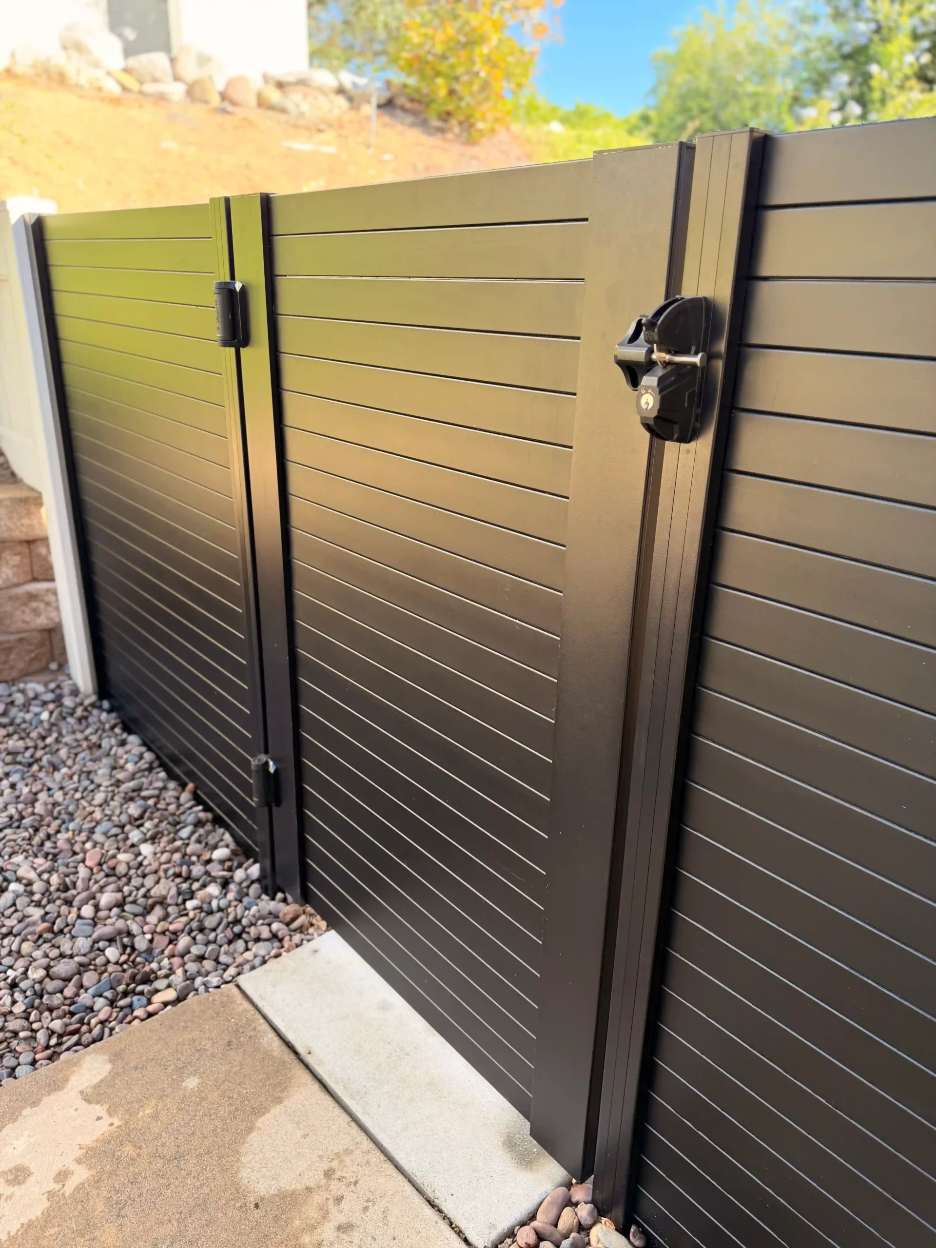 Aluminum Privacy Gate and fence no gaps, shows latch